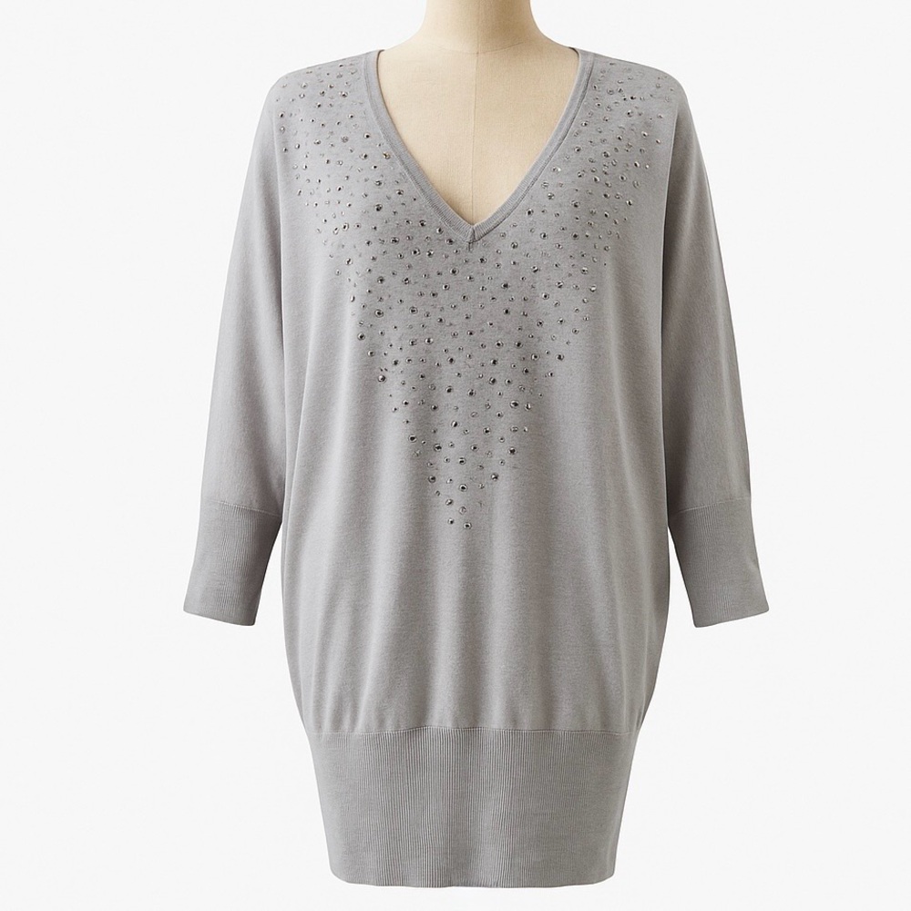 Studio Y Elegant Grey Embellished V-Neck Sequins Sweater Dolman Sleeves XXL